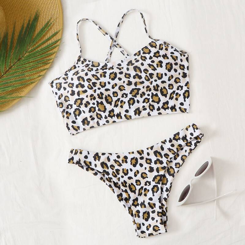 

Leopard Lace-up Back Bikini Swimsuit, Multicolor