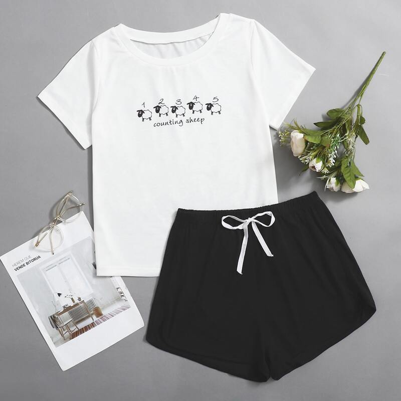 

Cartoon Tee & Shorts PJ Set, Black and white