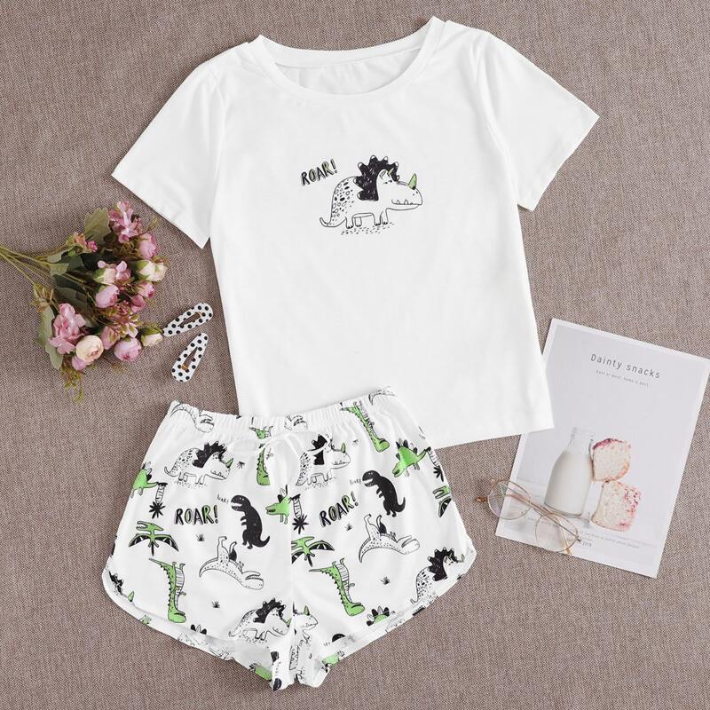 

Cartoon Dinosaur Shorts PJ Set, White