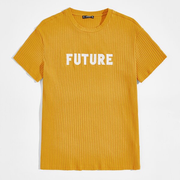 

Men Letter Embroidered Rib-knit Tee, Mustard yellow