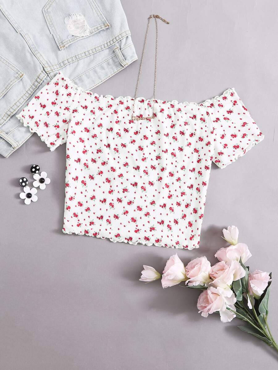 SHEIN VCAY 露肩生菜邊小碎花花卉上衣 - 白色 - 查看 1