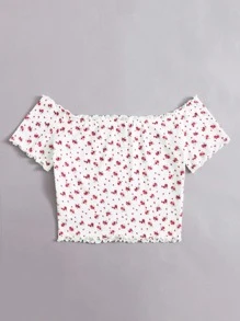SHEIN VCAY 露肩生菜邊小碎花花卉上衣 - 白色 - 查看 2