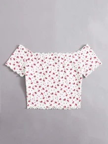 SHEIN VCAY 露肩生菜邊小碎花花卉上衣 - 白色 - 查看 3