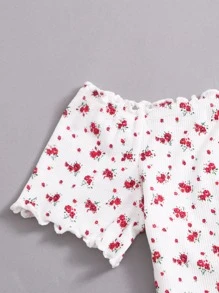 SHEIN VCAY 露肩生菜邊小碎花花卉上衣 - 白色 - 查看 4