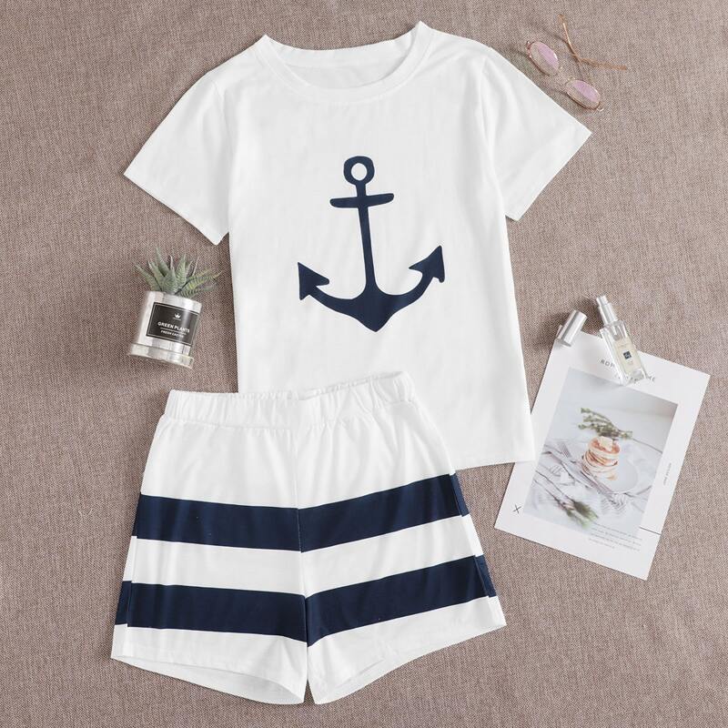 

Anchor & Striped Shorts PJ Set, White