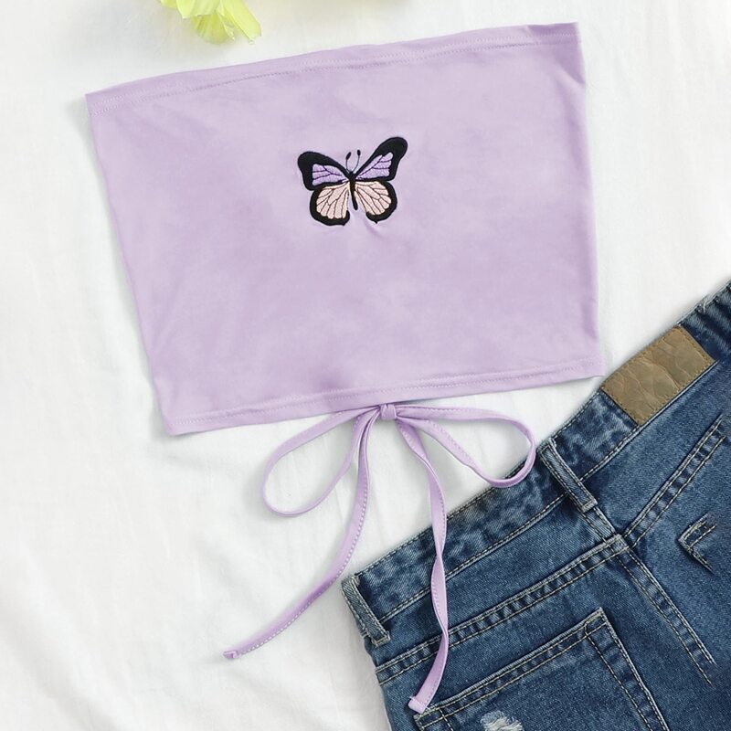 

Butterfly Embroidery Lace Up Tube Top, Lilac purple