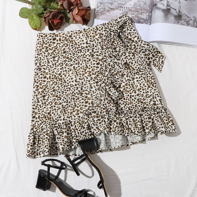 

Leopard Print Tie Front Ruffle Trim Wrap Skirt, Multicolor