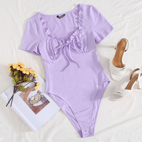 

Frill Trim Tie Front Ruched Bust Bodysuit, Pastel lilac purple