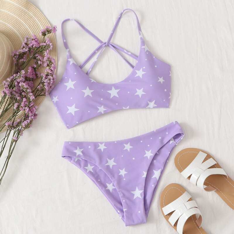 

Star Print Crisscross Cami Bikini Swimsuit, Pastel lilac purple