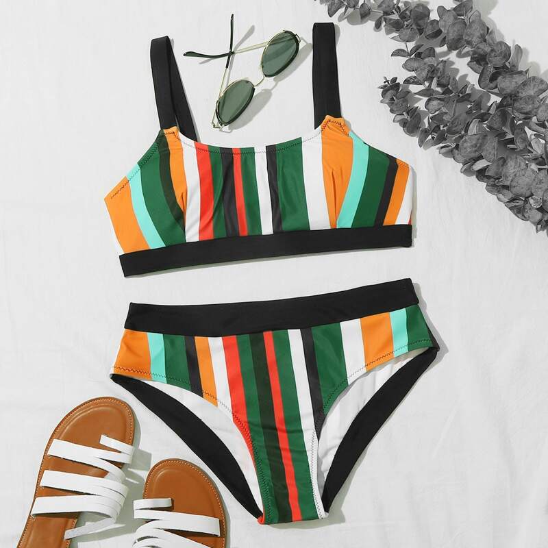 

Stripe Contrast Trim Bikini Swimsuit, Multicolor