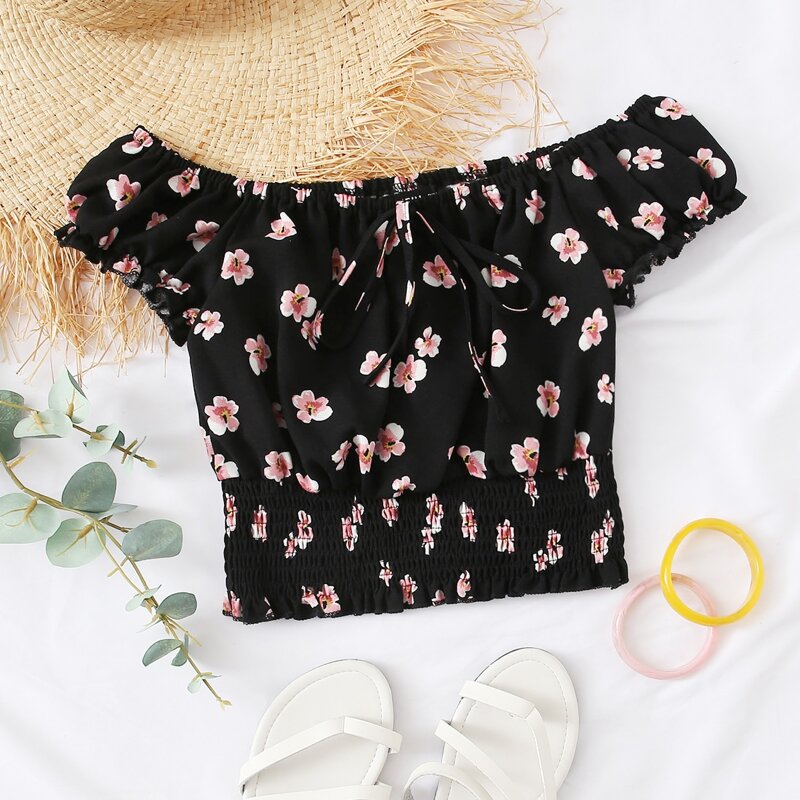 

Floral Print Shirred Hem Bardot Top, Black