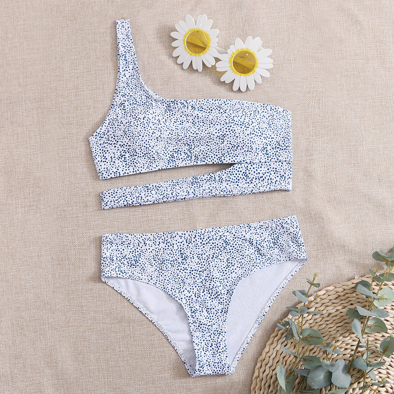 

Dalmatian One Shoulder Cutout Bikini Swimsuit, Blue and white