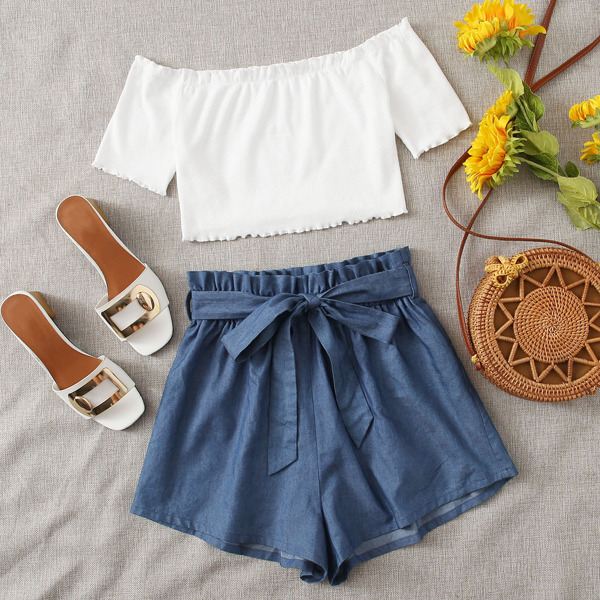

Ribbed Off-the-Shoulder Top & Paperbag Shorts Set, Blue and white
