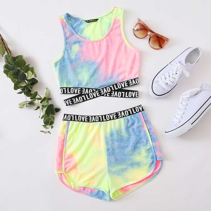 

Love Graphic Tie-Dye Tank Top & Shorts Set, Multicolor