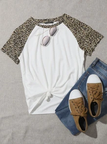 SHEIN EZwear Leopard Raglan Sleeve Top - White - View 1
