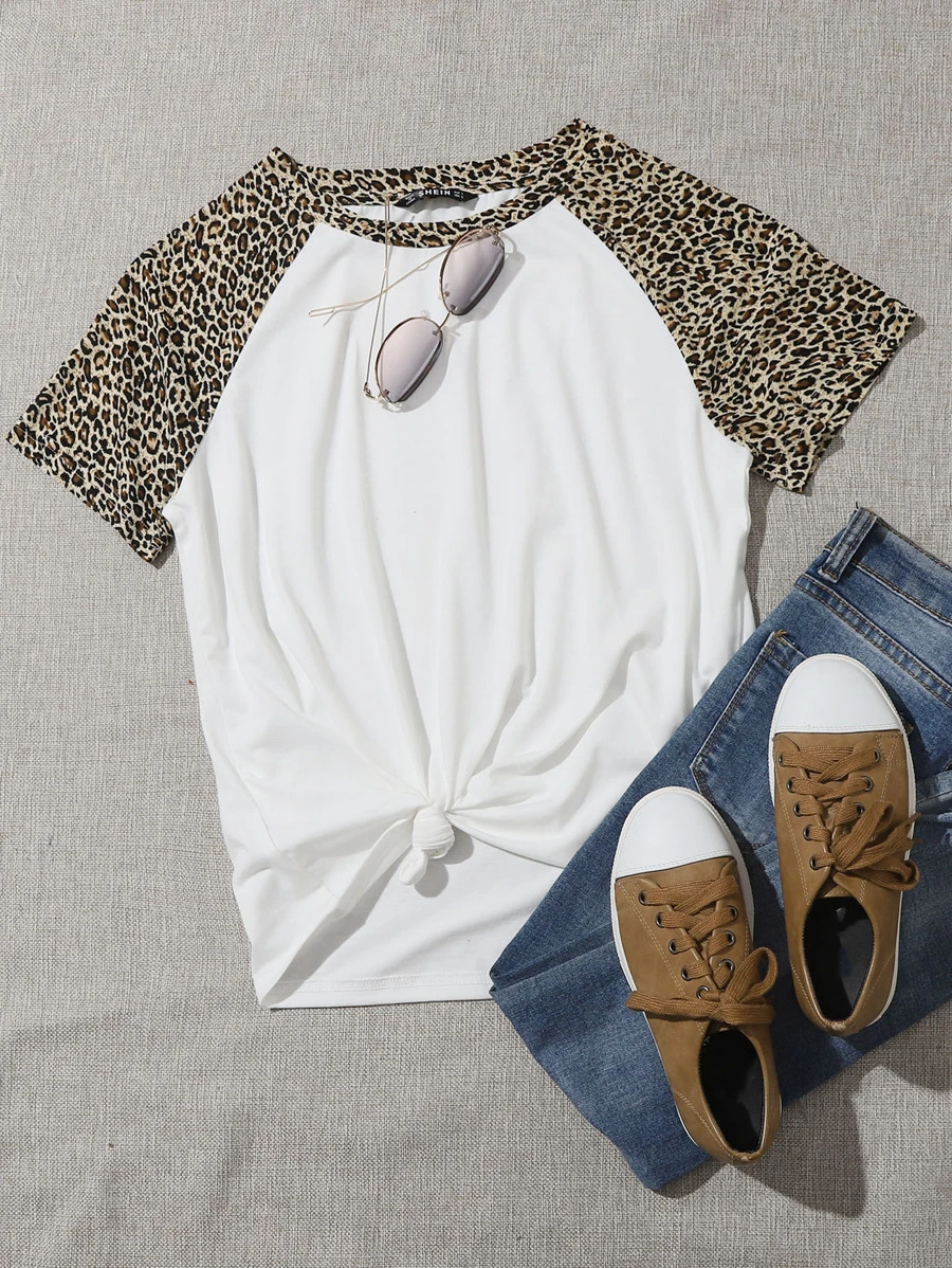 SHEIN EZwear Leopard Raglan Sleeve Top - White - View 1