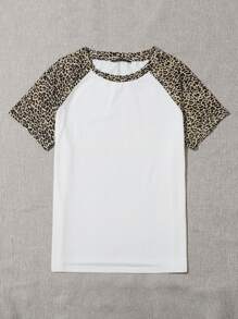 SHEIN EZwear Leopard Raglan Sleeve Top - White - View 5