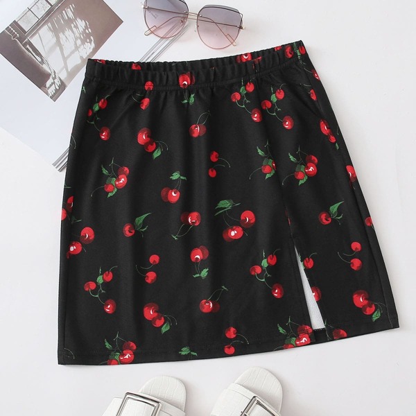 

Cherry Print Split Hem Skirt, Black