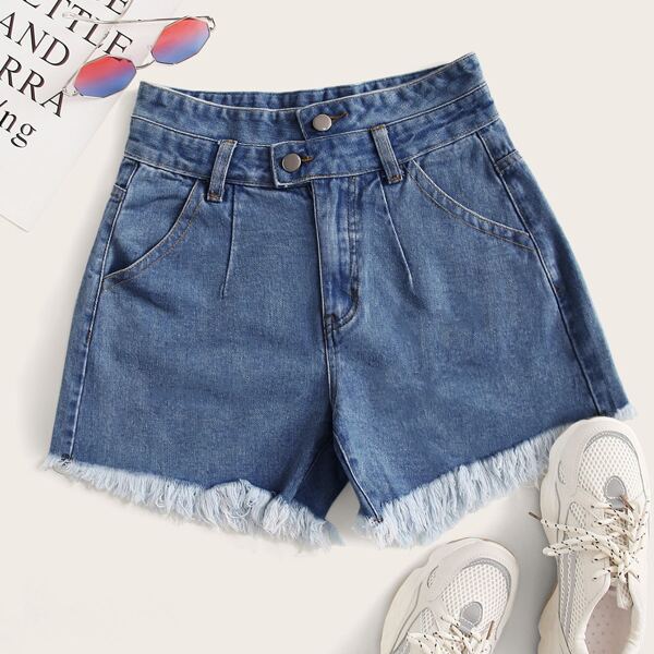 

Raw Hem Solid Denim Shorts, Medium wash