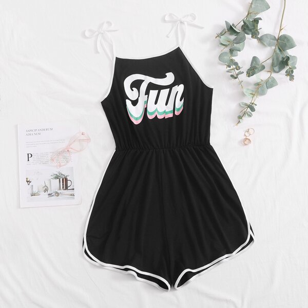 

Plus Letter Graphic Dolphin Hem Cami Romper, Black