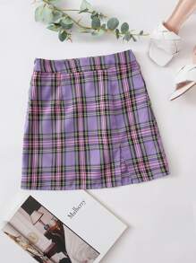 SHEIN 開衩下擺格紋半身裙 - 紫丁香色 - 查看 1