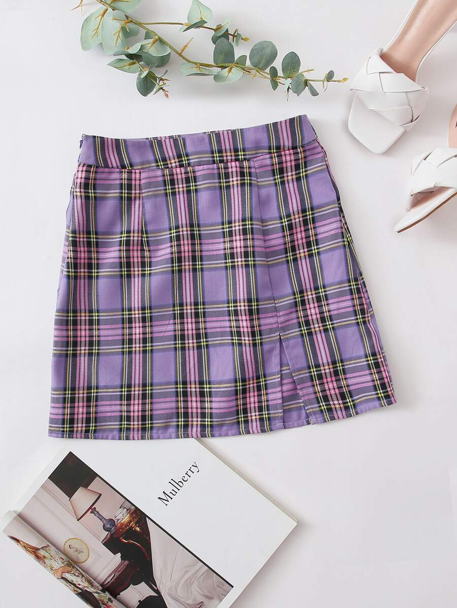 SHEIN 開衩下擺格紋半身裙 - 紫丁香色 - 查看 1