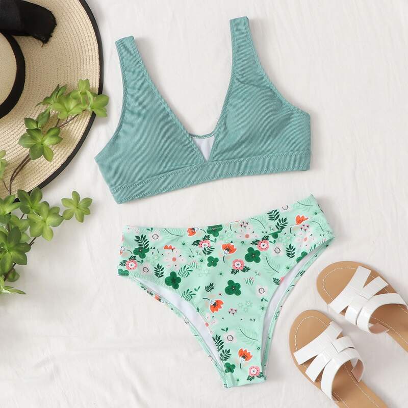 

Floral Rib High Waist Bikini Swimsuit, Green