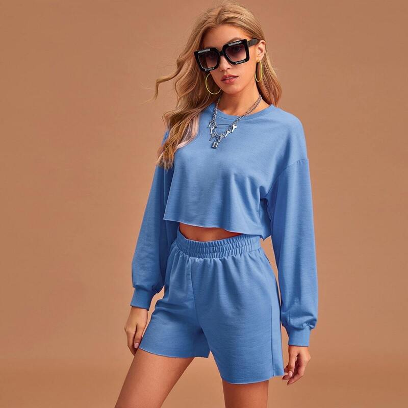 

Drop Shoulder Crop Pullover and Track Shorts Set, Blue bright