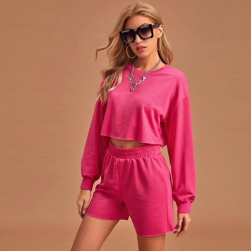 

Drop Shoulder Crop Pullover and Track Shorts Set, Hot pink bright