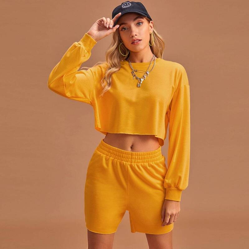 

Drop Shoulder Crop Pullover and Track Shorts Set, Bright mustard yellow