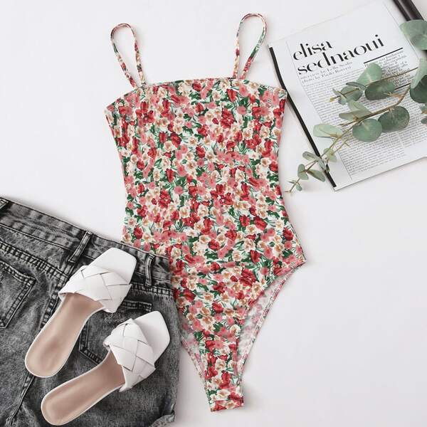 

Allover Floral Print Cami Bodysuit, Multicolor