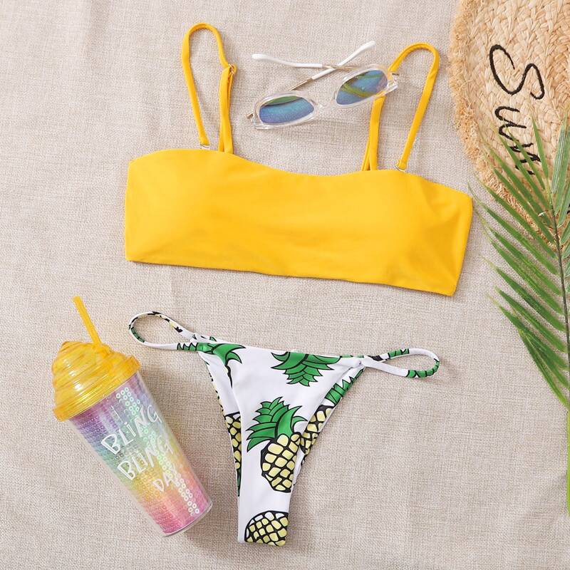 

Pineapple Print Thong Bikini Swimsuit, Multicolor