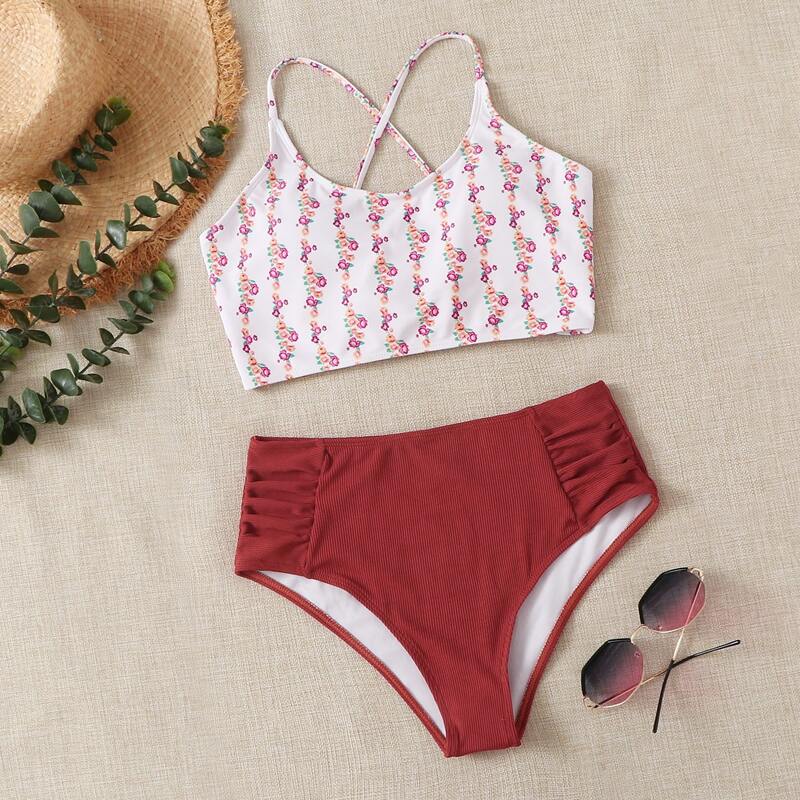 

Ditsy Floral Ruched High Waist Bikini Swimsuit, Red and white