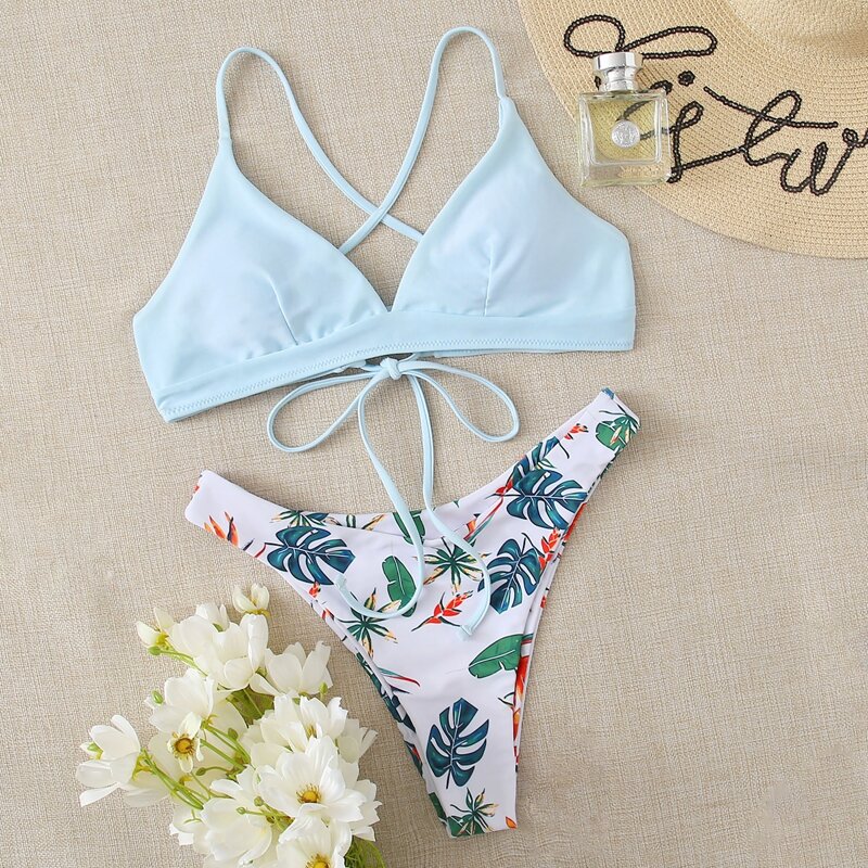 

Tropical Lace Up Thong Bikini Swimsuit, Multicolor