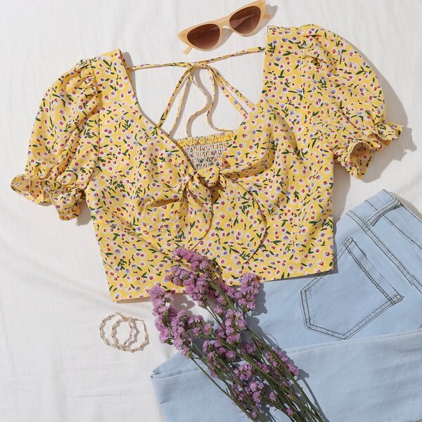 

Ditsy Floral Tie Front Puff Sleeve Crop Top, Yellow