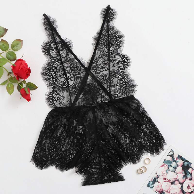 

Eyelash Lace Criss Cross Romper Bodysuit, Black