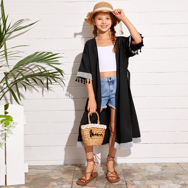 

Girls Tassel Open-Front Lace Kimono, Black