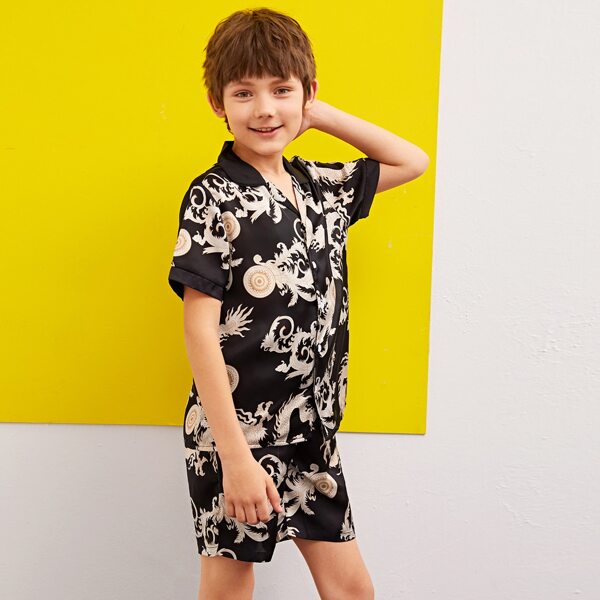 

Boys Cuffed Dragon Print Shirt & Shorts PJ Set, Black