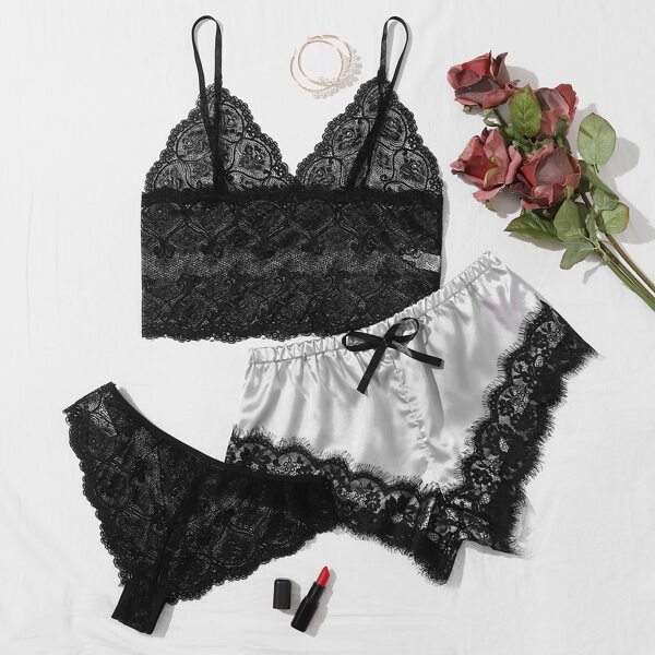 

3pack Floral Lace Lingerie Set With Satin Shorts, Multicolor