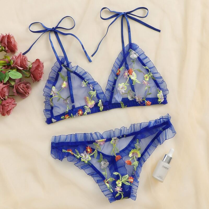 

Floral Embroidered Mesh Frill Lingerie Set, Blue