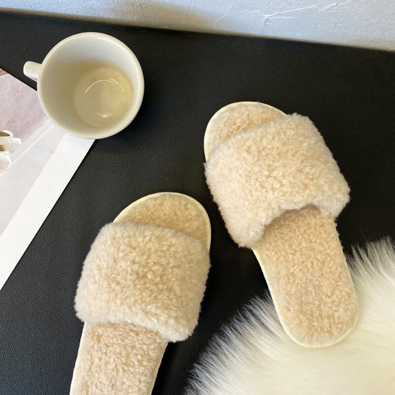

Open Toe Fluffy Slippers, Beige pastel