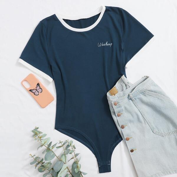 

Plus Letter Graphic Contrast Binding Bodysuit, Navy blue