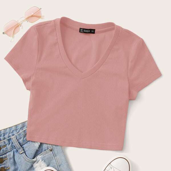 

V-neck Rib-knit Crop Tee, Dusty pink