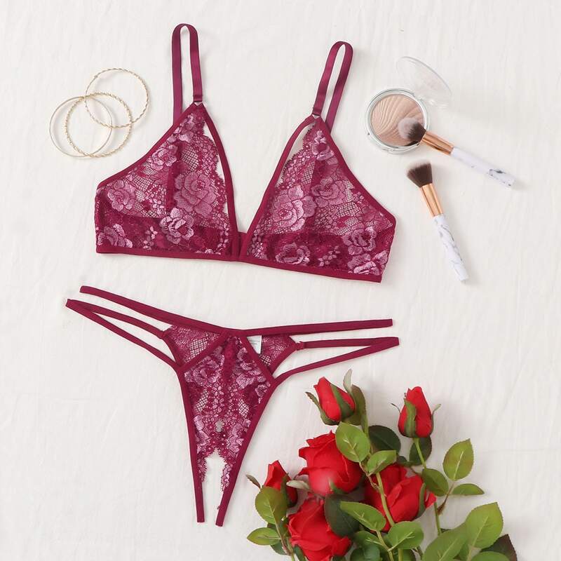 

Floral Lace Crotchless Lingerie Set, Rose red