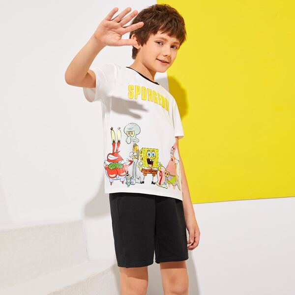

X SpongeBob Boys Letter and Cartoon Graphic Tee and Shorts Set, Black and white