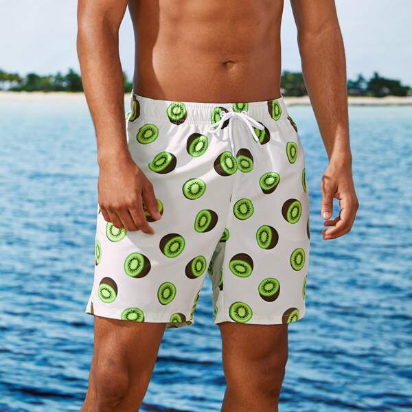 

Men Kiwi Print Drawstring Swim Trunks, Multicolor