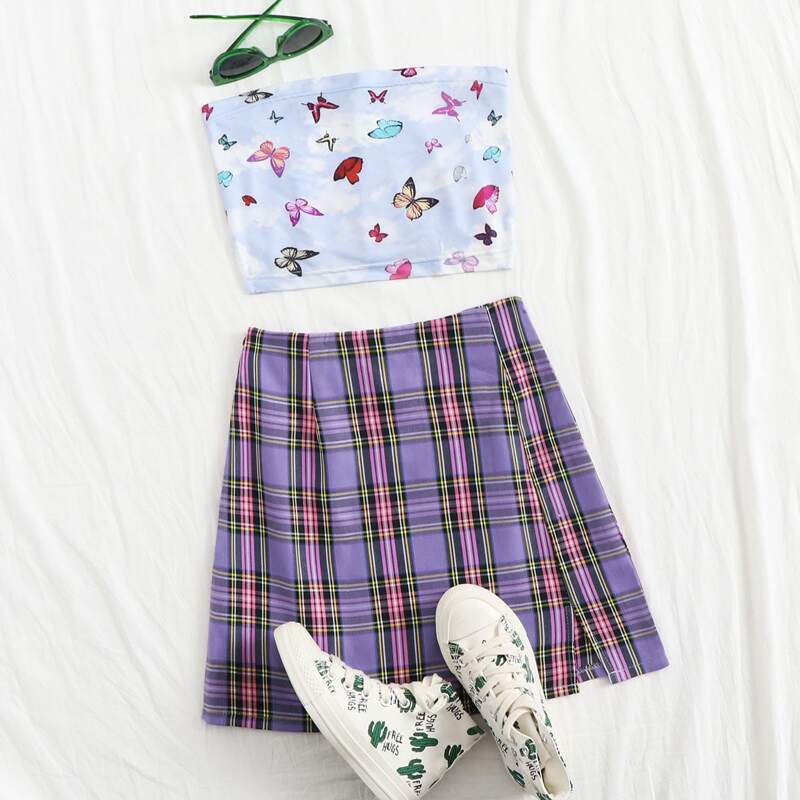 

Butterfly Print Tube Top & Plaid Skirt, Multicolor