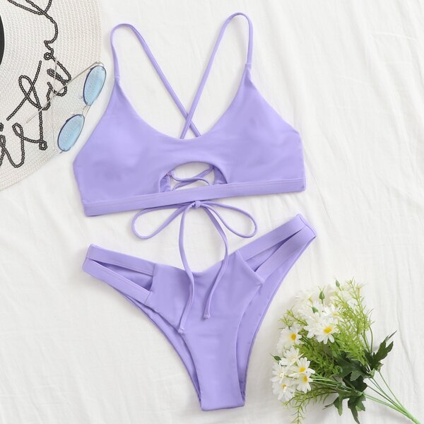

Cut-out Tie Back High Cut Bikini Swimsuit, Pastel lilac purple