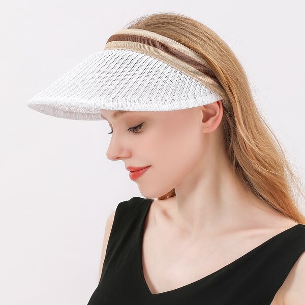 

Striped Pattern Woven Visor Hat, White
