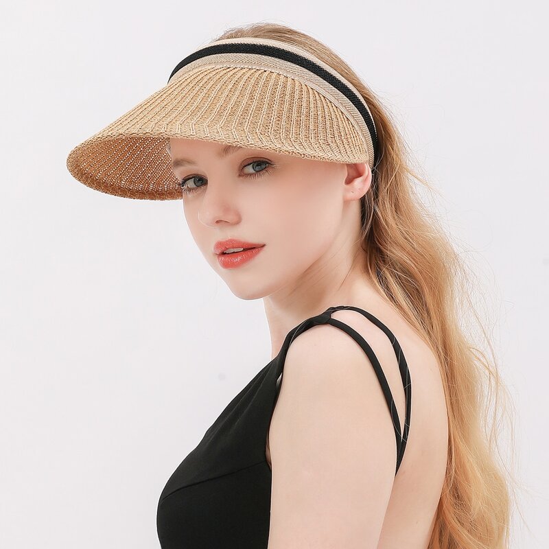 

Striped Pattern Woven Visor Hat, Khaki